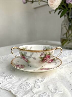 Antique Theodore Haviland Limoges Teacup and Saucer Set, Hand-painted Floral